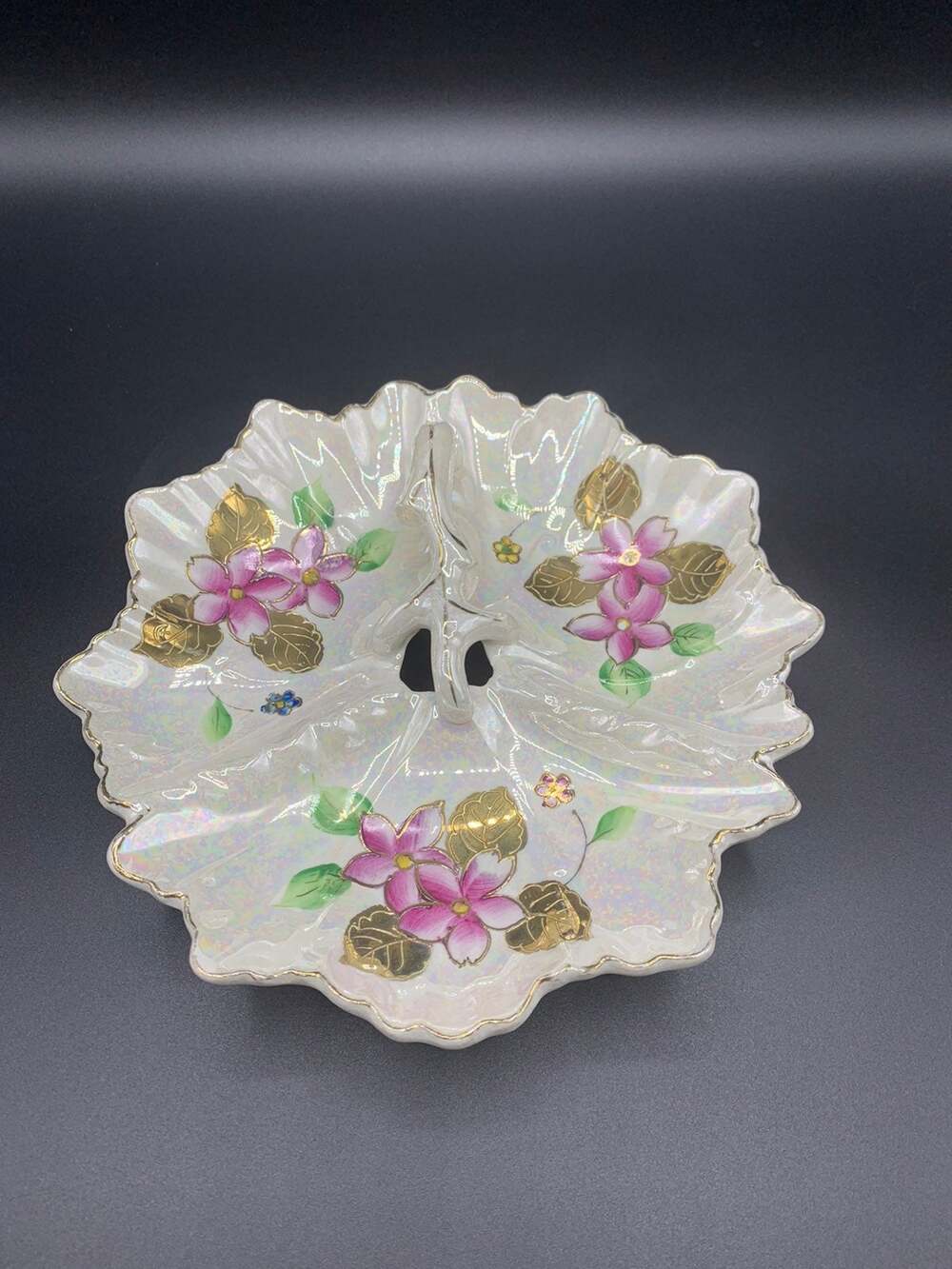 ✨ Vintage Iridescent Lusterware Moriage Cherry Blossom Handle Dish ✨